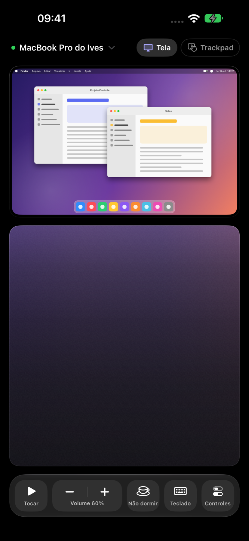 Interface do Controle no iPhone, com a tela do Mac, trackpad e controles rápidos.
